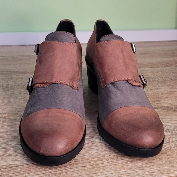 Women's Tan and Gray Leather Buckle Shoes Chunky Heel Grandpacore 39 - Picture 2 of 13